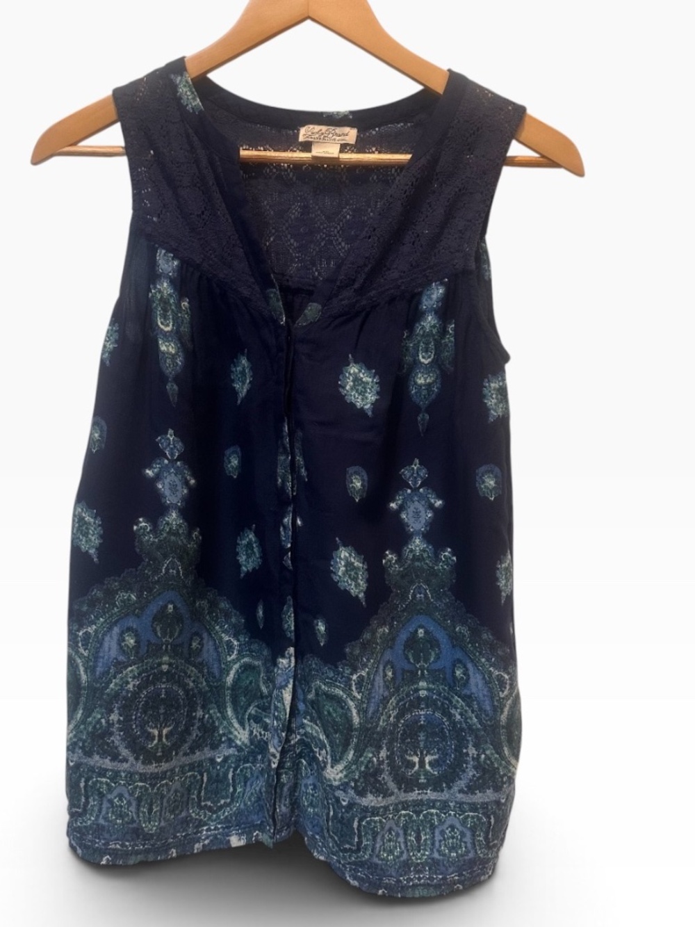 Lucky Brand Blue Paisley Border Print Lace Yoke Sleeveless Tank Top XS 🌿